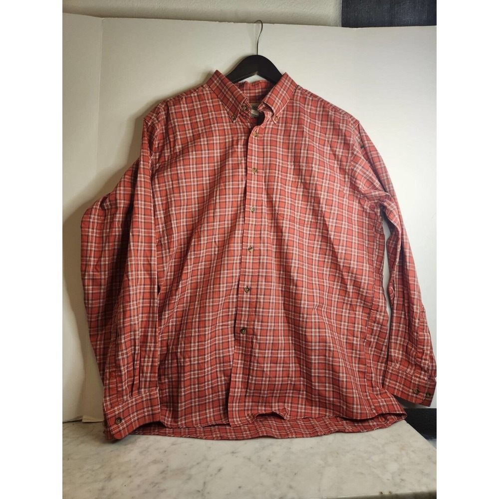 LL Bean Traditional Adult Long Sleeve Button Down Shirt Orange XL Madras Check